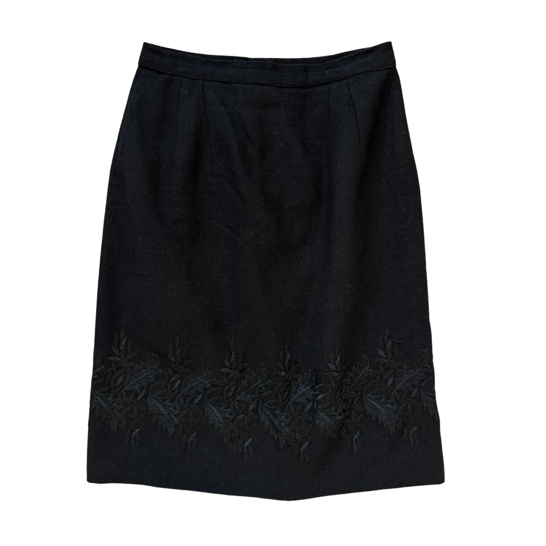 Vintage Black Wool Floral Embroidered Midi Skirt | Small-Medium