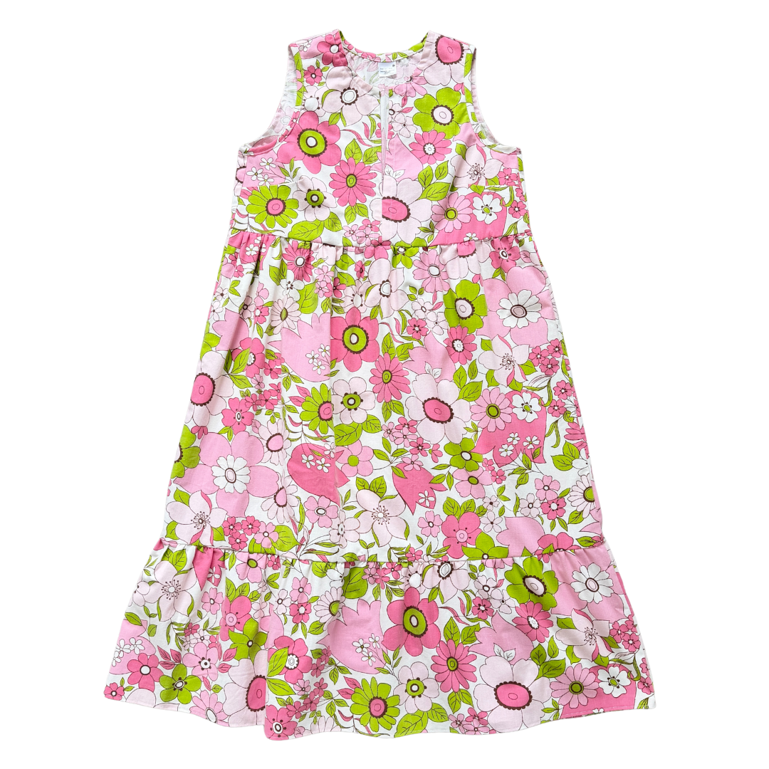 Recycled Pink and Green Retro Floral Ruffled Midi Play Dress | XL