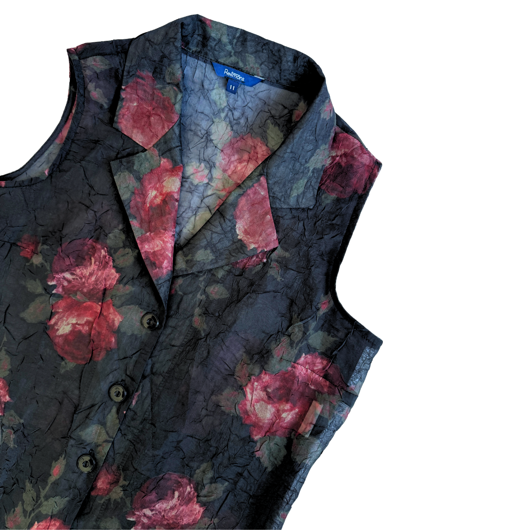 Sheer Black Rose Printed Collared Dress Overshirt | Large