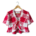 Recycled Red and White Checkered Floral Peplum Blouse | Extra-Large