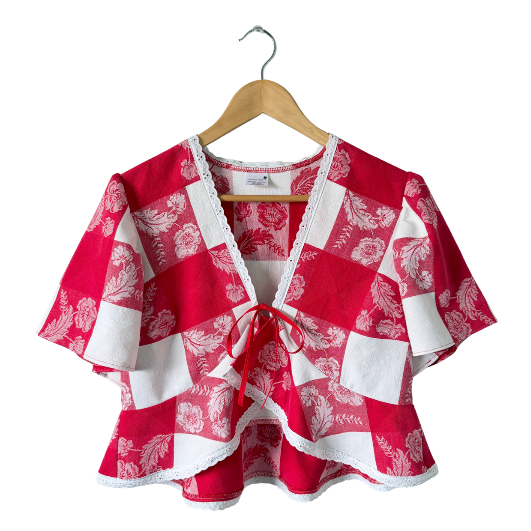 Recycled Red and White Checkered Floral Peplum Blouse | Extra-Large