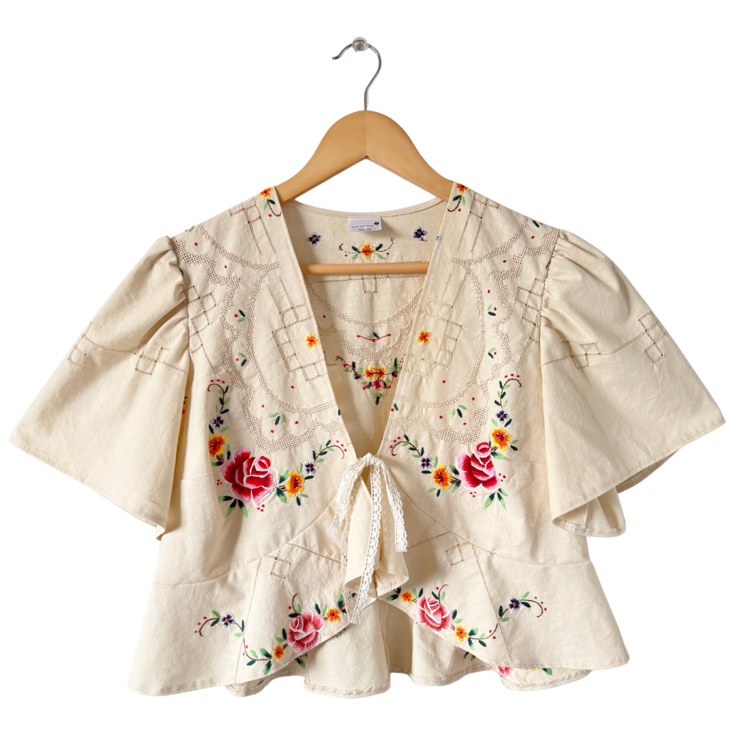 Recycled Multi-Coloured Floral Embroidered Peplum Blouse | Medium