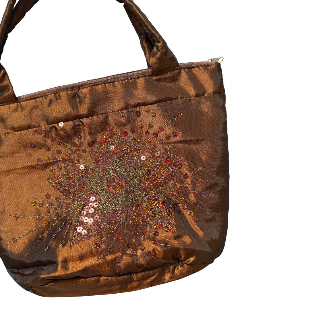 Brown Satin Floral Sequin Bucket Bag