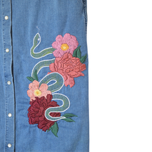 Load image into Gallery viewer, Up-cycled Snake and Flowers Denim Dress | M
