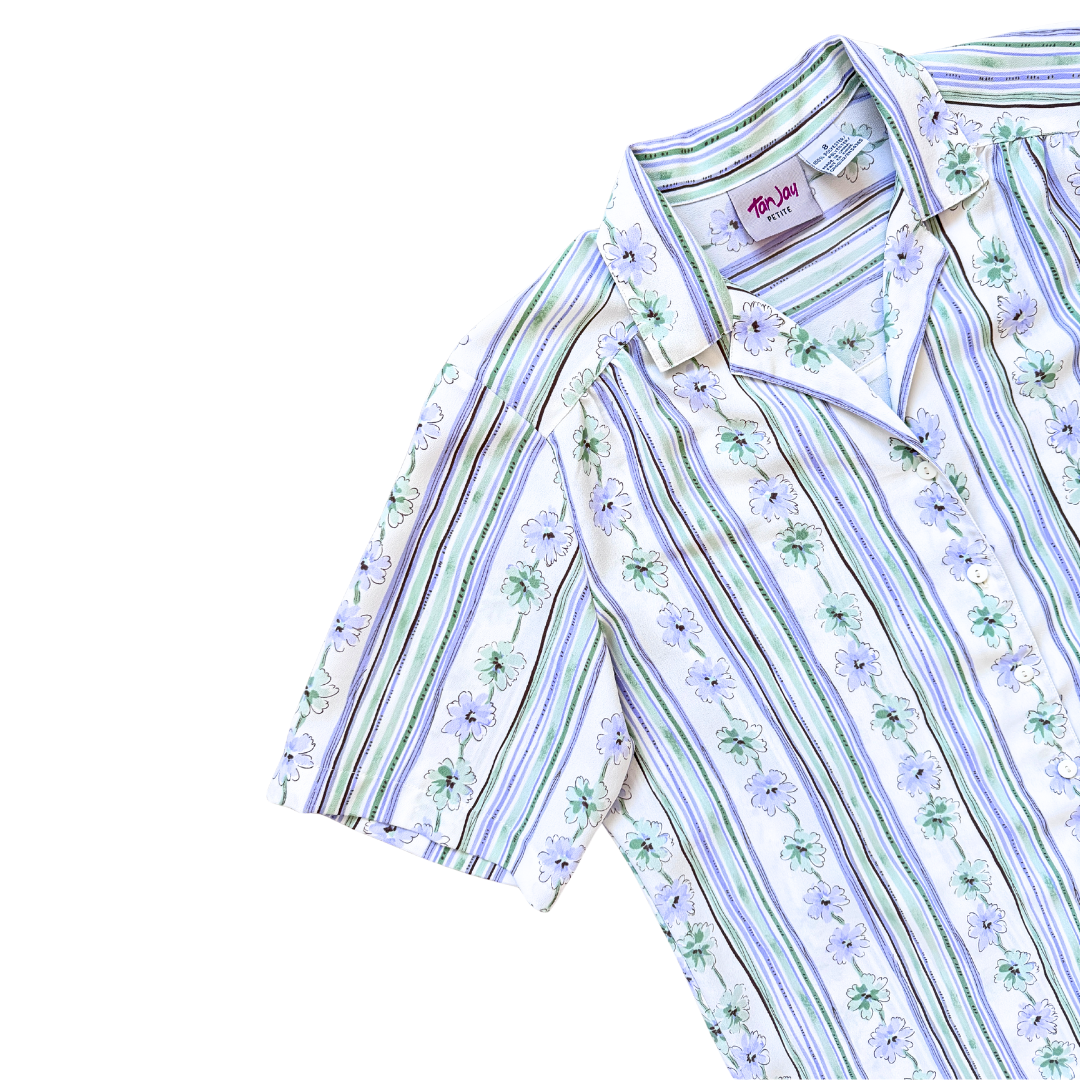 TanJay Petites Green and Purple Floral Blouse | Large