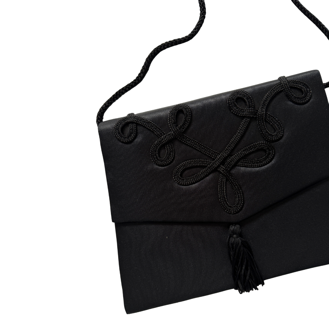 Black Satin Tassel Envelope Purse with Cord Detail
