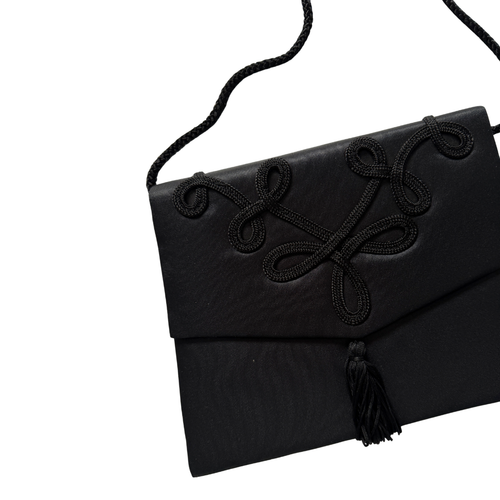 Black Satin Tassel Envelope Purse with Cord Detail