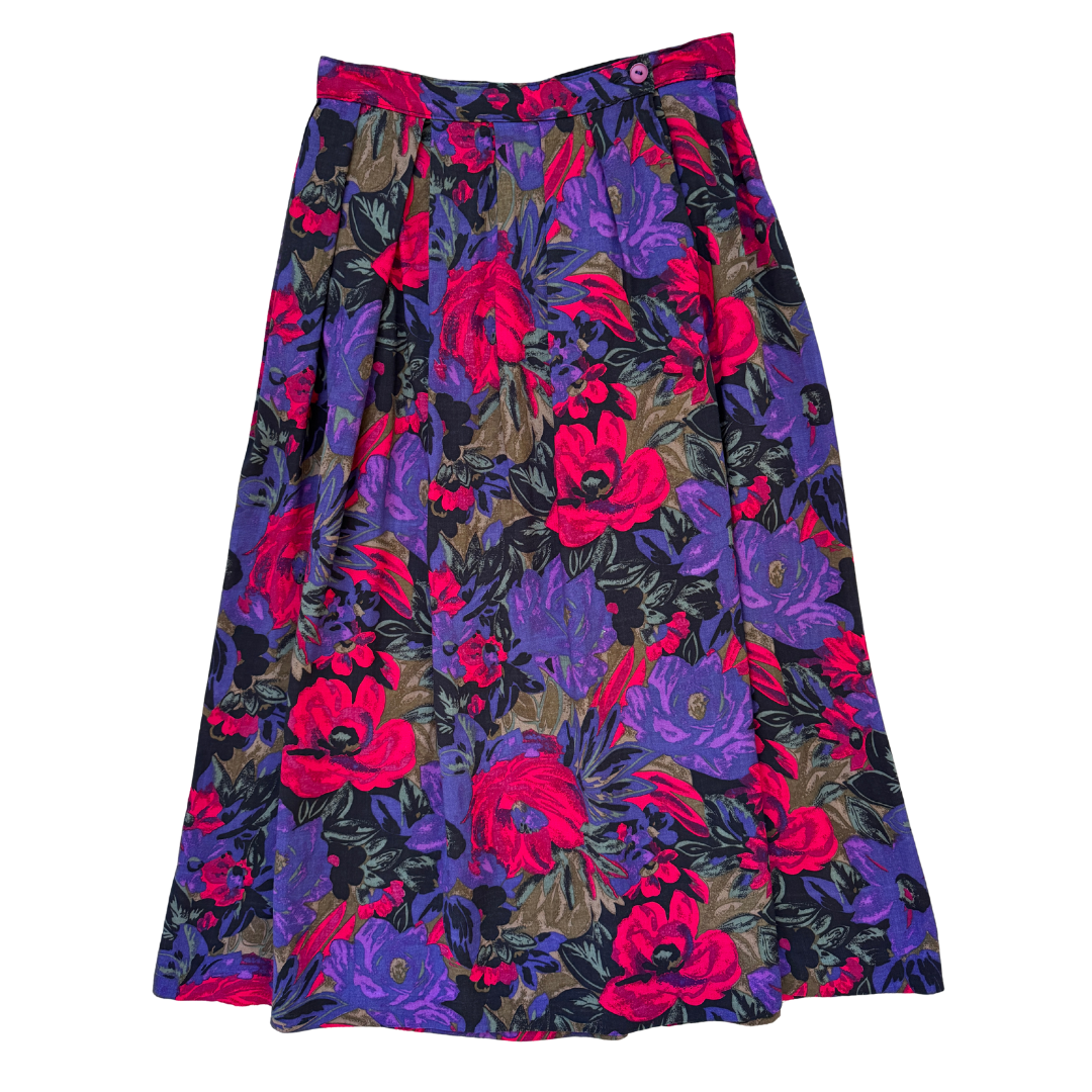 Vintage 1980s Eaton's Club House Black and Bright Floral Maxi Skirt | Small