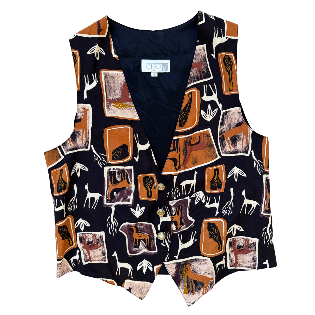 Vintage 1980s-1990s Cleo Petites Safari Print Vest | Medium
