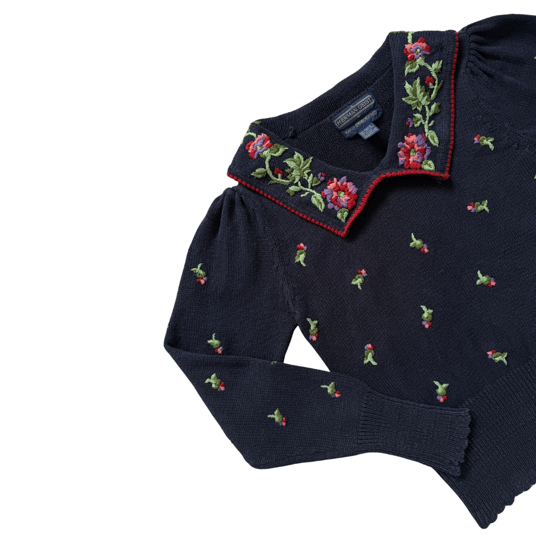 Herman Geist Navy Floral Embroidered Collared Sweater | Small