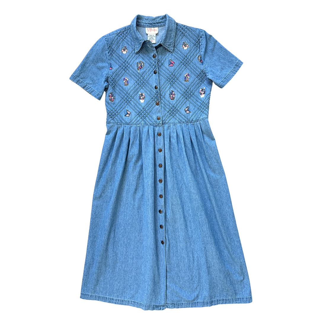 Vintage 1990s V.I.Petites Short Sleeve Denim Maxi Dress with Flowers and Butterflies | Medium