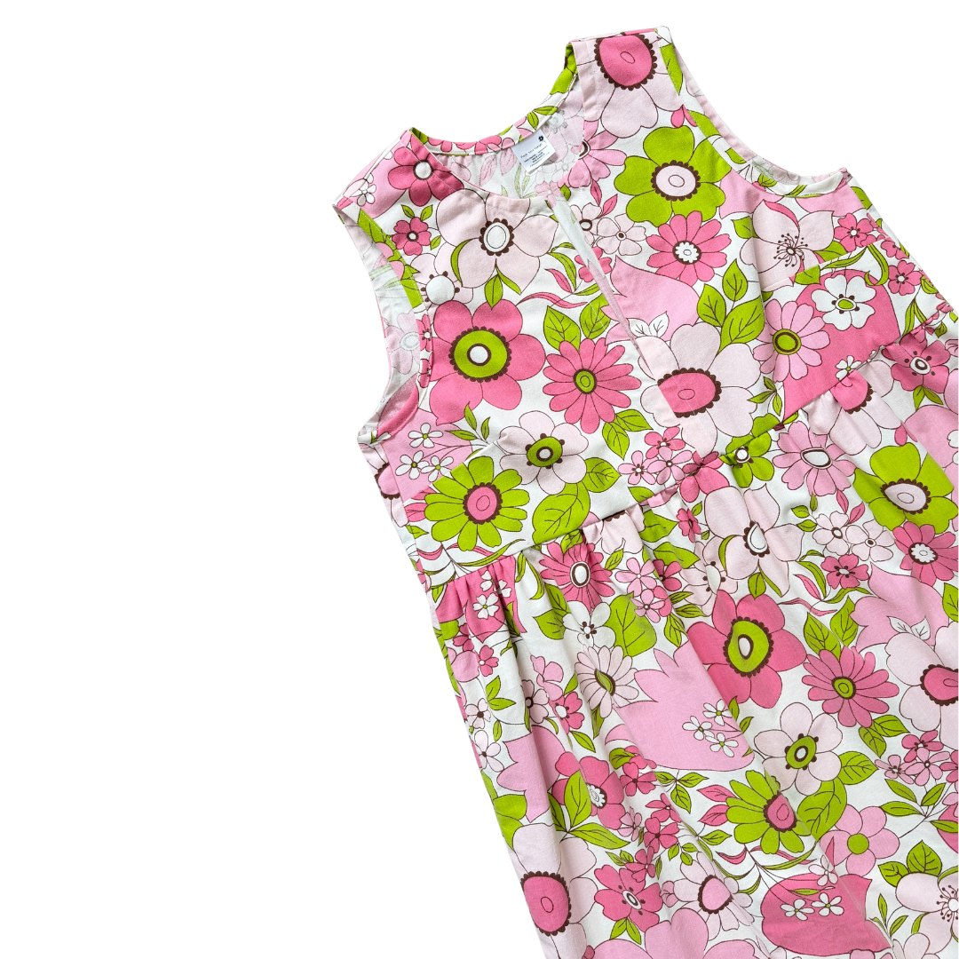 Recycled Pink and Green Retro Floral Ruffled Midi Play Dress | XL