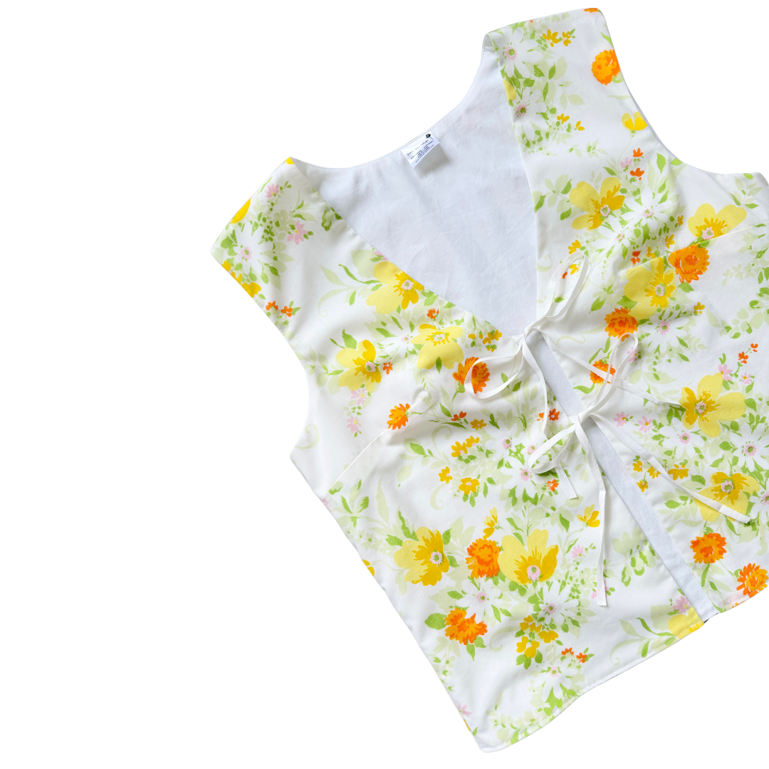 Recycled Orange and Yellow Floral Tie-Front Vest | Large