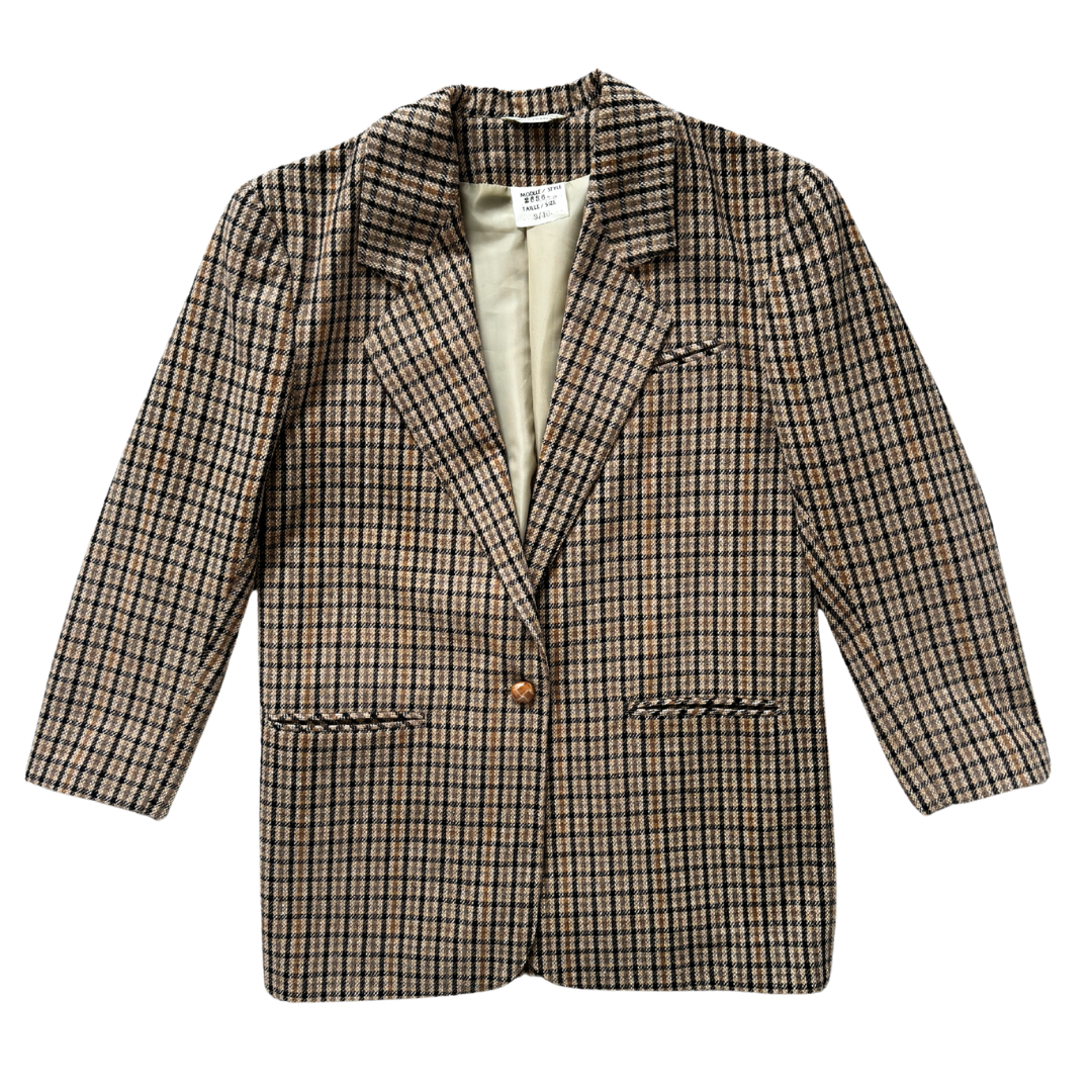 Vintage 80s-90s Runaway Bay Brown and Black Wool Blend Checkered Blazer | Medium