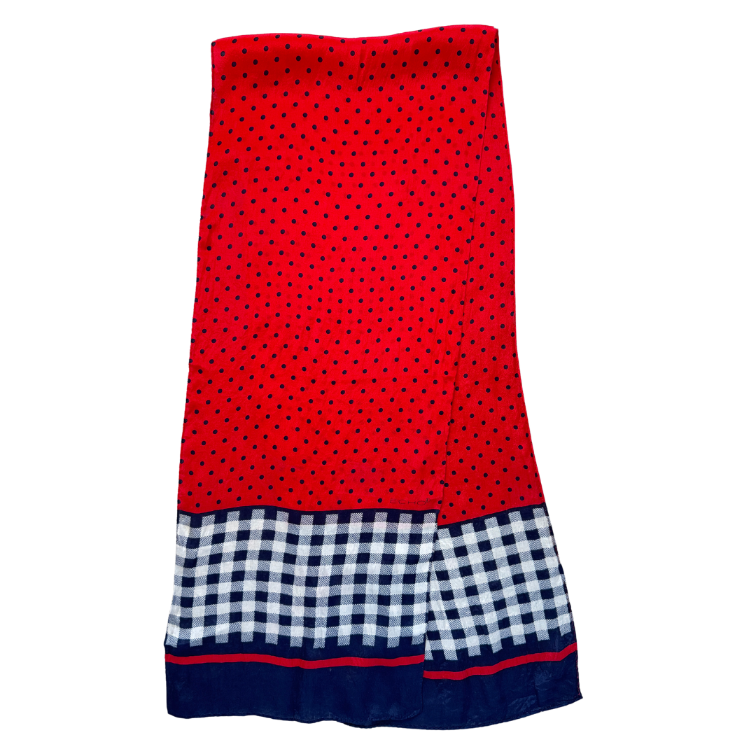 Vintage Echo Red and Navy Polka Dot / Checkered Silk Scarf
