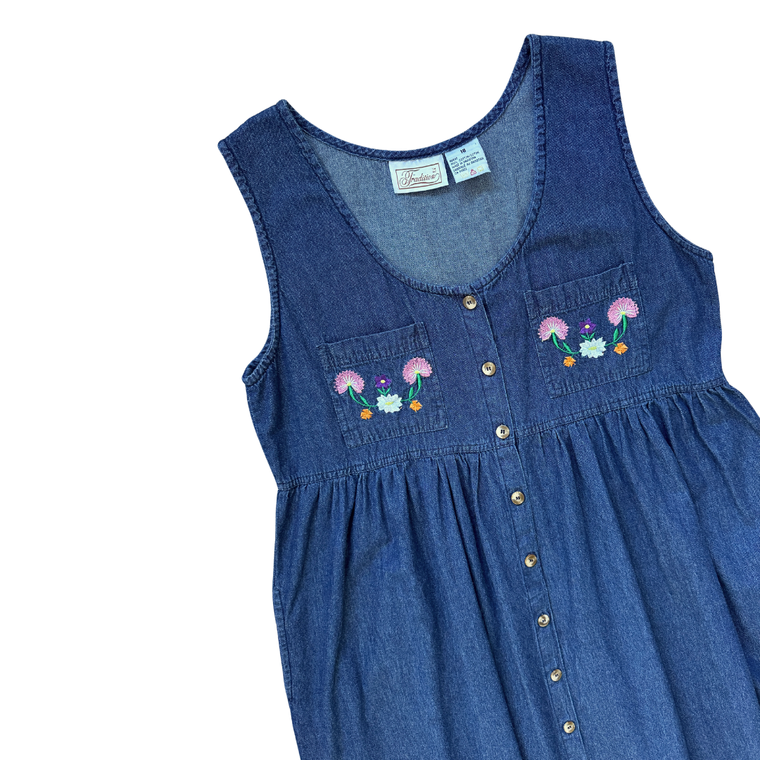 Tradition Denim Maxi Dress with Floral Embroidered Pockets | Large / Extra-Large