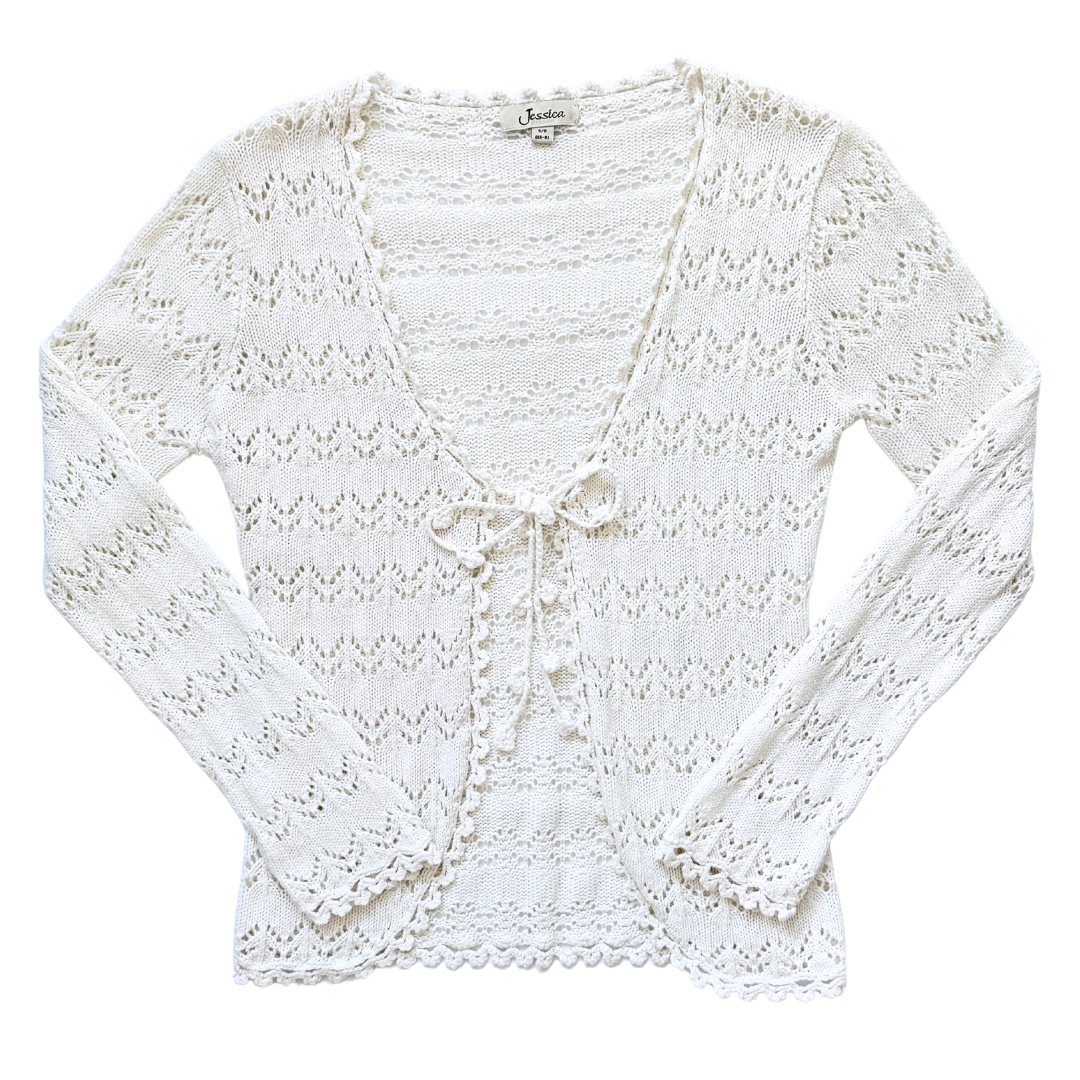 Vintage 1990s Jessica White Lace Knit Tie-Front Cardigan | Small