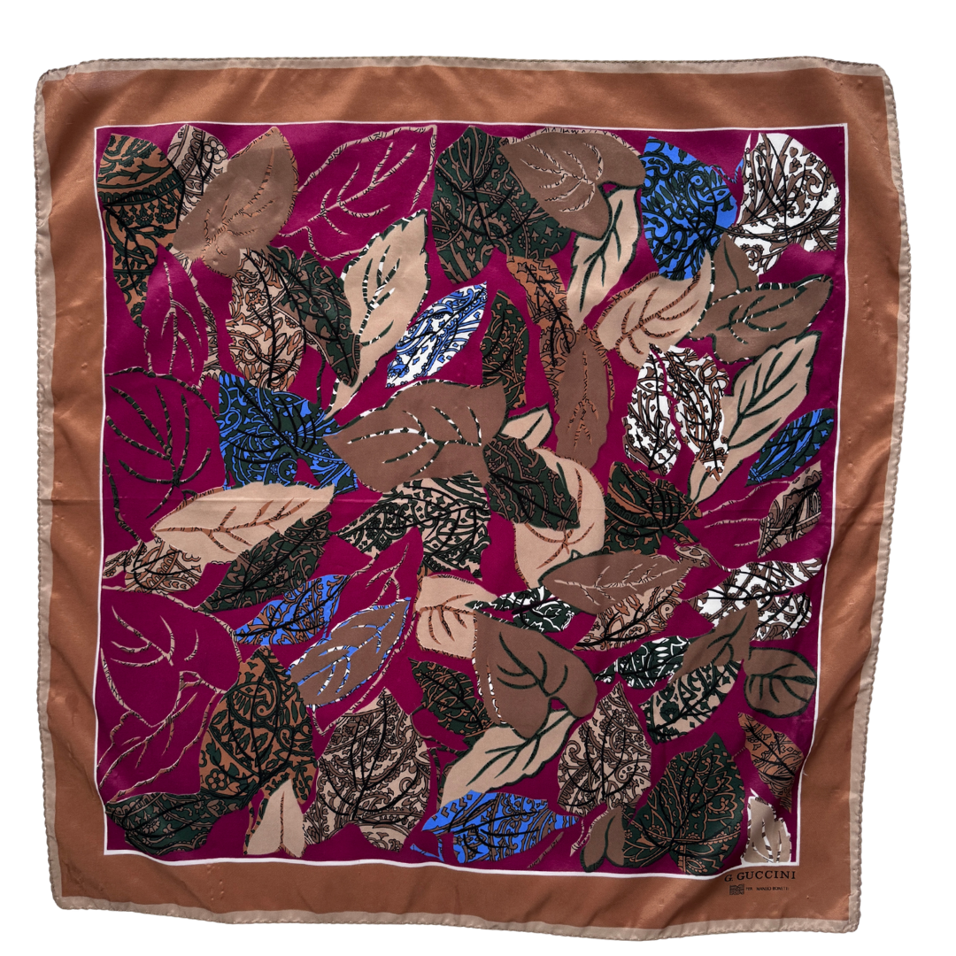 Vintage G. Guccini Burgandy and Brown Leaves Square Scarf