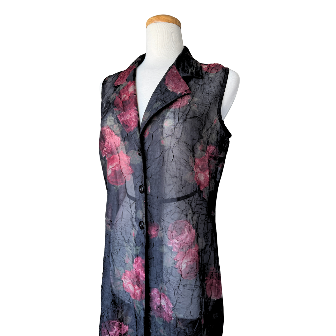 Sheer Black Rose Printed Collared Dress Overshirt | Large