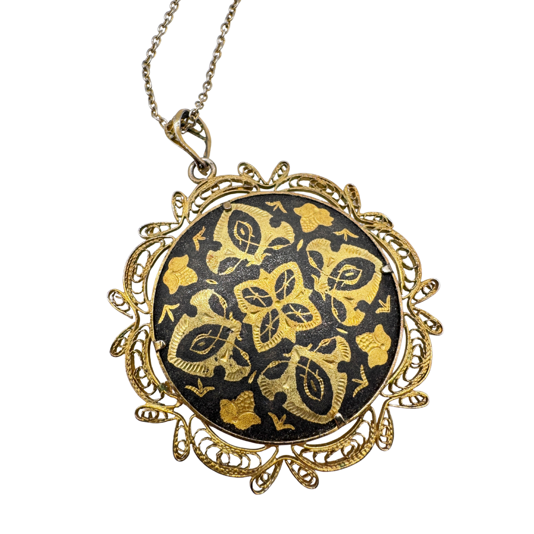 Floral and Geometric Damascene Pendant Necklace