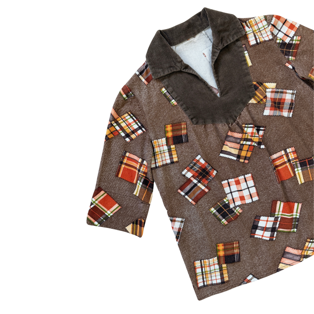 70s Brown Patchprint Shirt with Corduroy Collar | Small - Medium