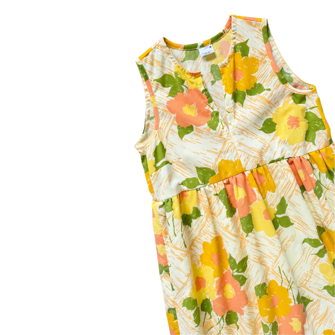 Recycled Bold Yellow and Orange Floral Ruffled Midi Play Dress | Extra-Small