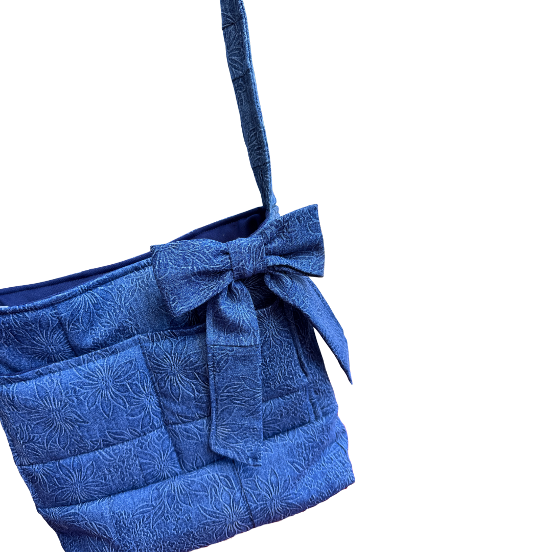 Recycled Dark Floral Printed Denim Bow Bag