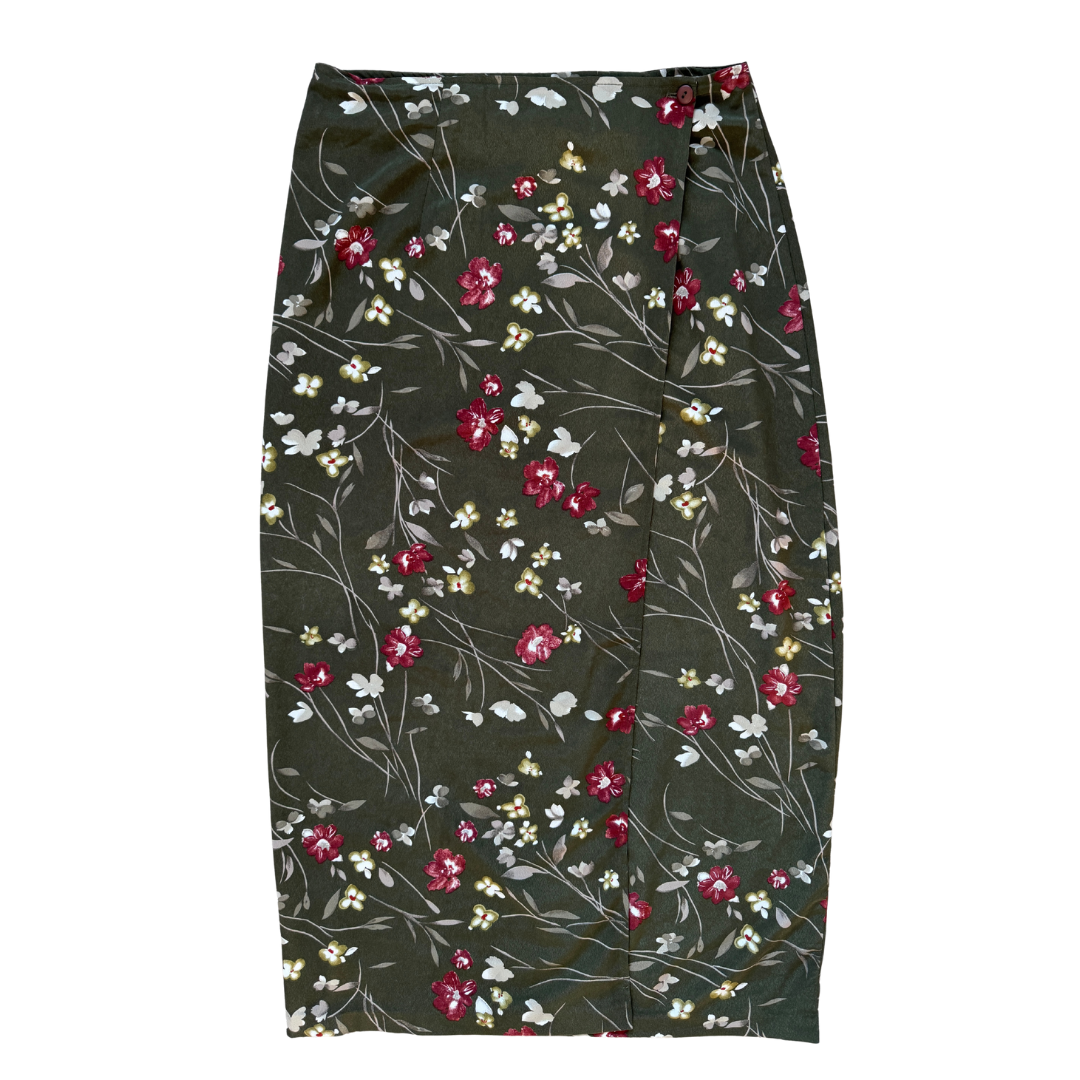 Vintage 1990s Pariscope Green Maxi Skirt with Red Floral Print | Large