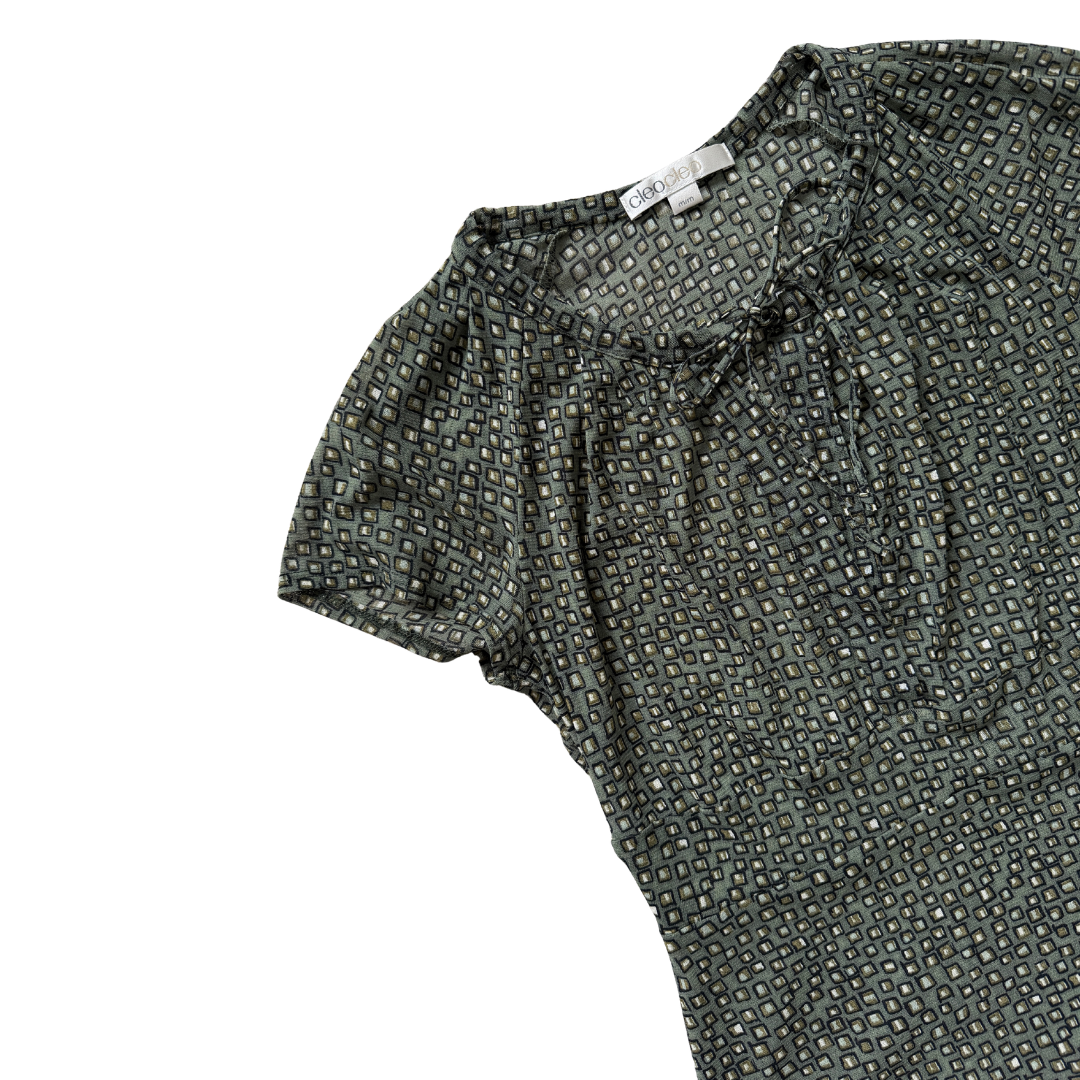 Cleo Green Geometric Tie-Neck Blouse | Small - Medium