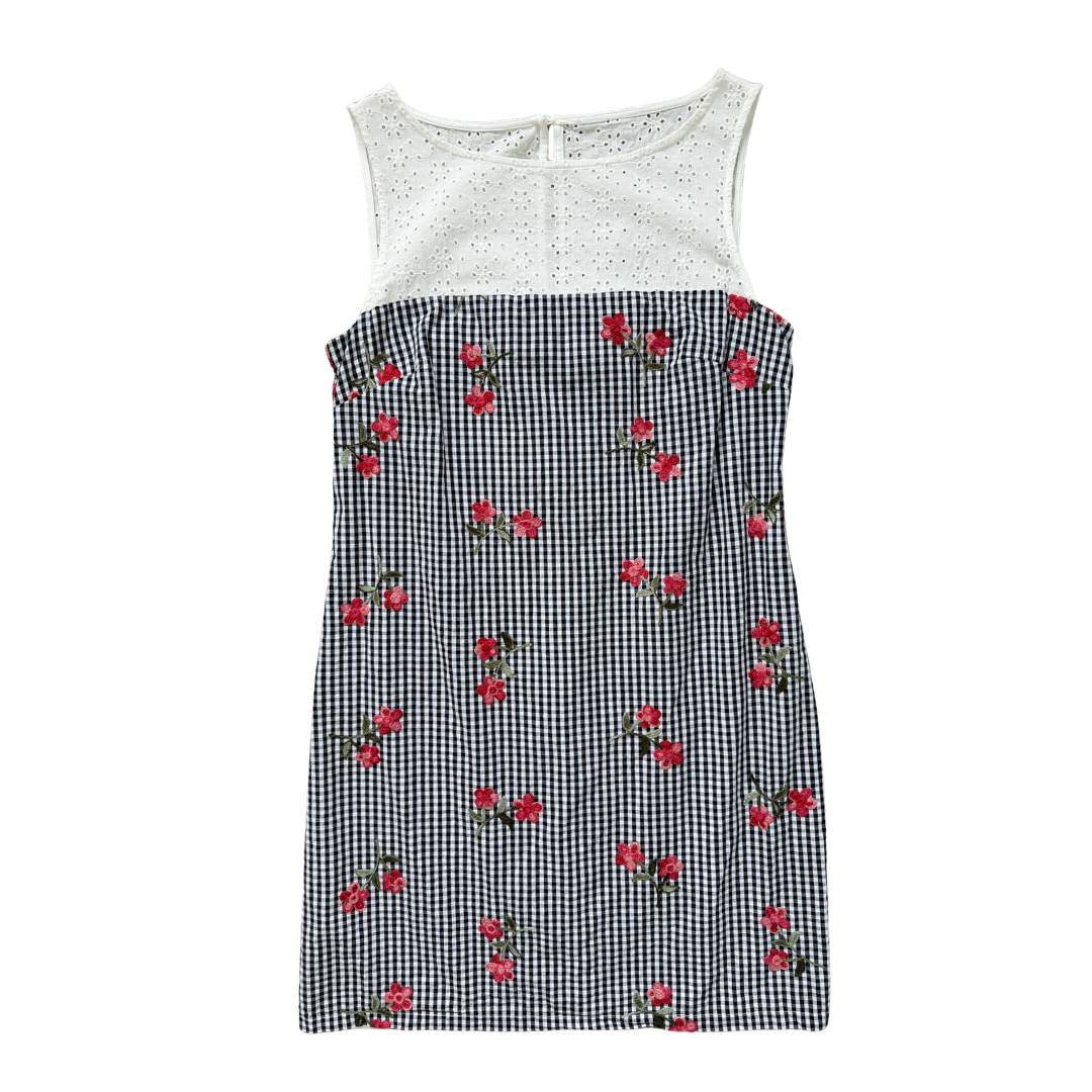 Karl Lagerfeld B&W Gingham Dress with Red Floral Embroidery | Medium