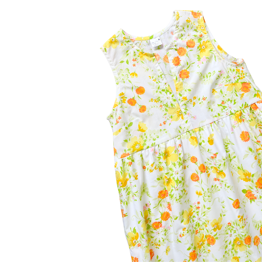 Recycled Orange and Yellow Floral Ruffled Midi Play Dress | Large