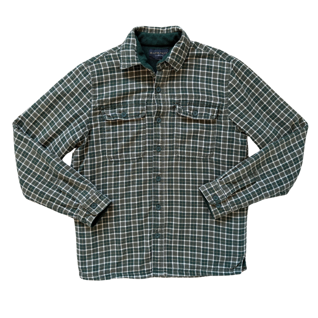 Vintage 90s Y2K Men's Hathaway Casual Green Plaid Fleece Lined Flannel Shirt | Small