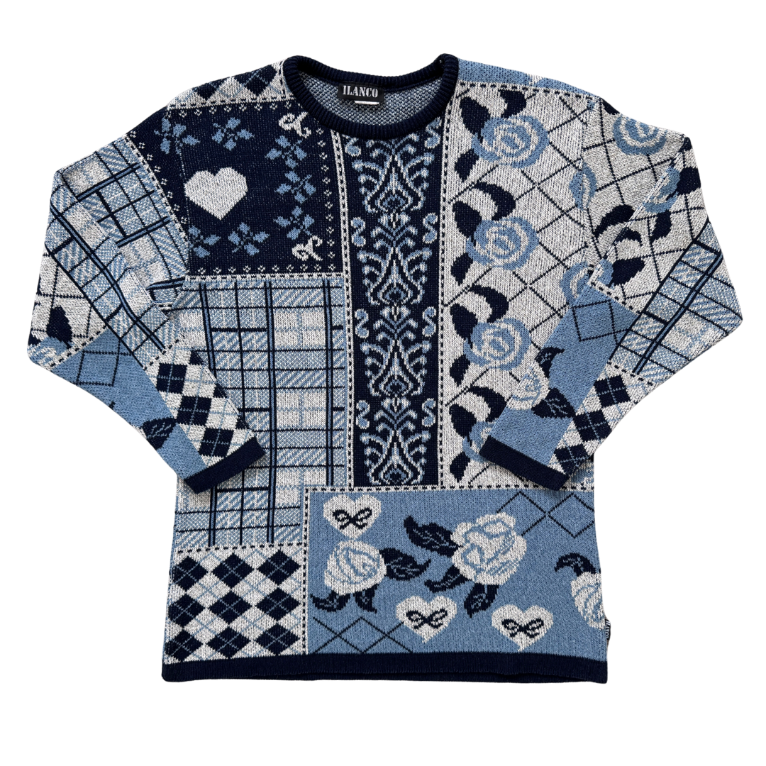 Vintage 1980s-1990s Ilanco Blue and Grey Argyle and Floral Sweater | Medium