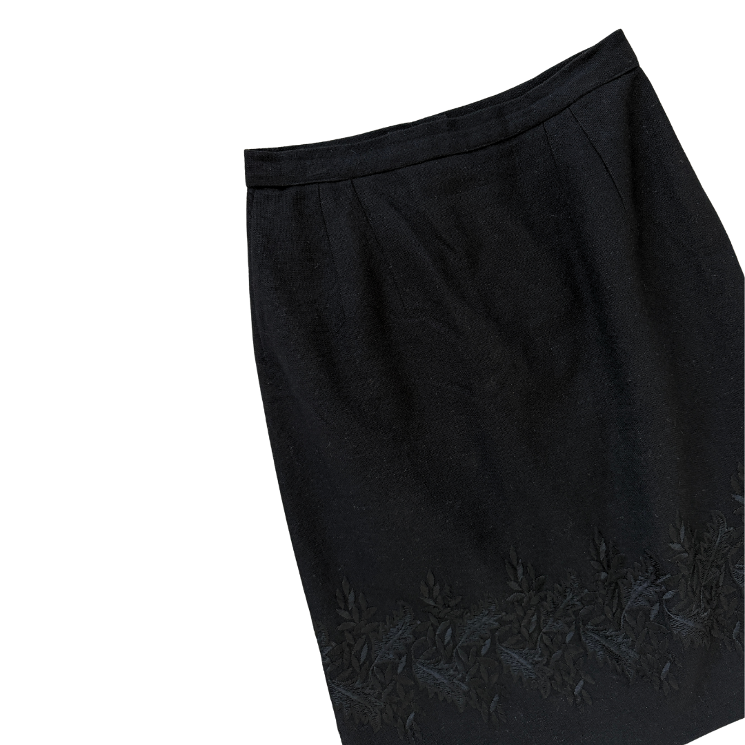 Black Wool Floral Embroidered Midi Skirt | Small-Medium