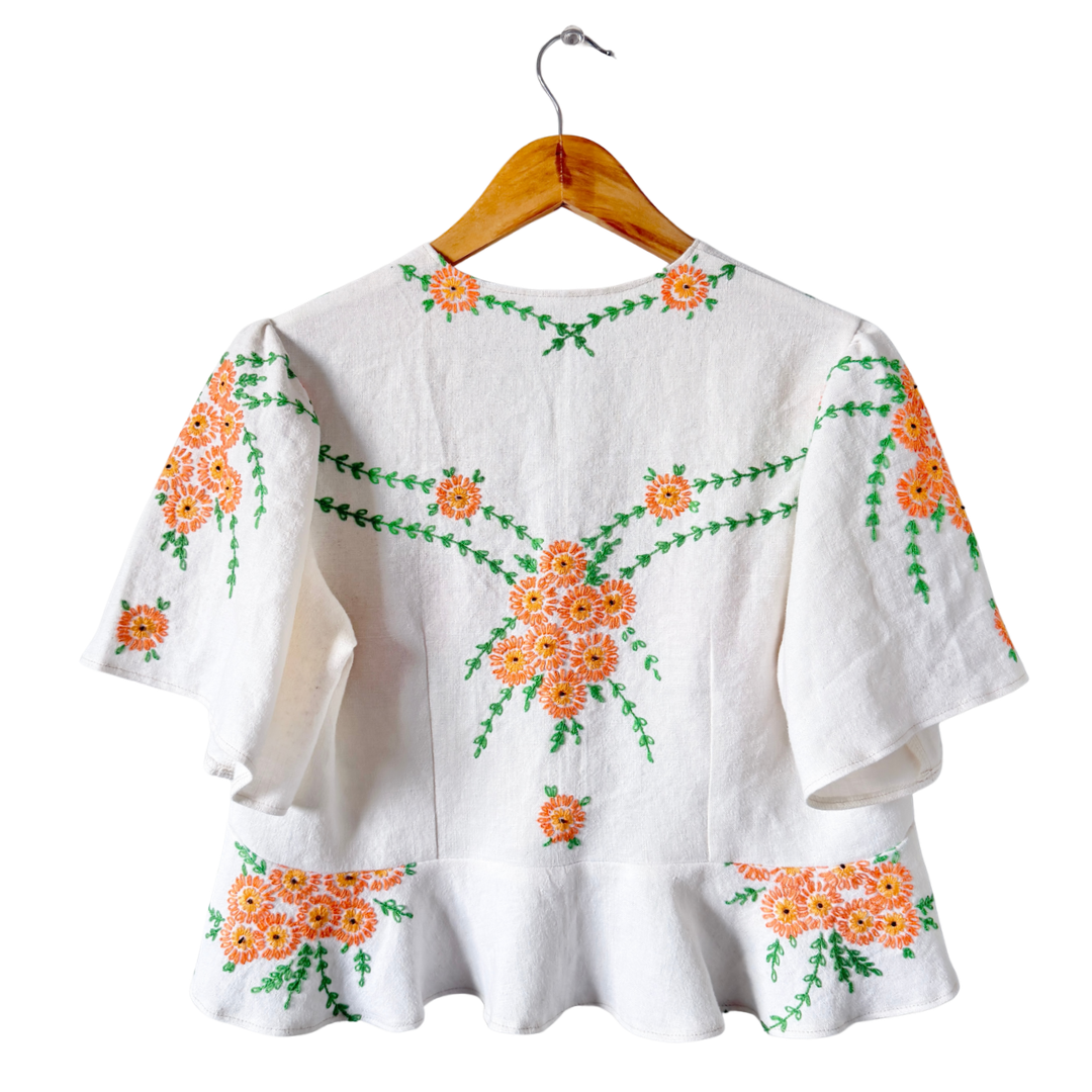 Recycled Orange Floral Embroidered Linen Peplum Blouse | Extra-Large