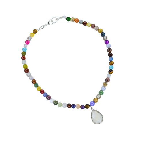 Up-cycled handcrafted rainbow beaded necklace with white teardrop pendant