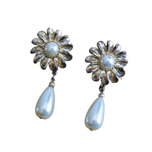 Load image into Gallery viewer, Vintage 1980s Large Gold Floral Earrings with Pearl Center and Teardrop Dangle 
