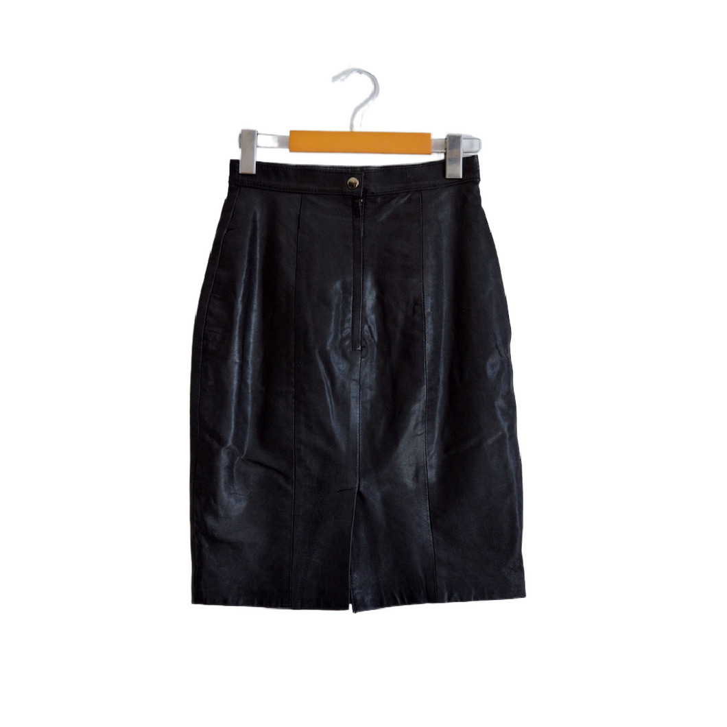 Black Genuine Leather Midi Skirt | S