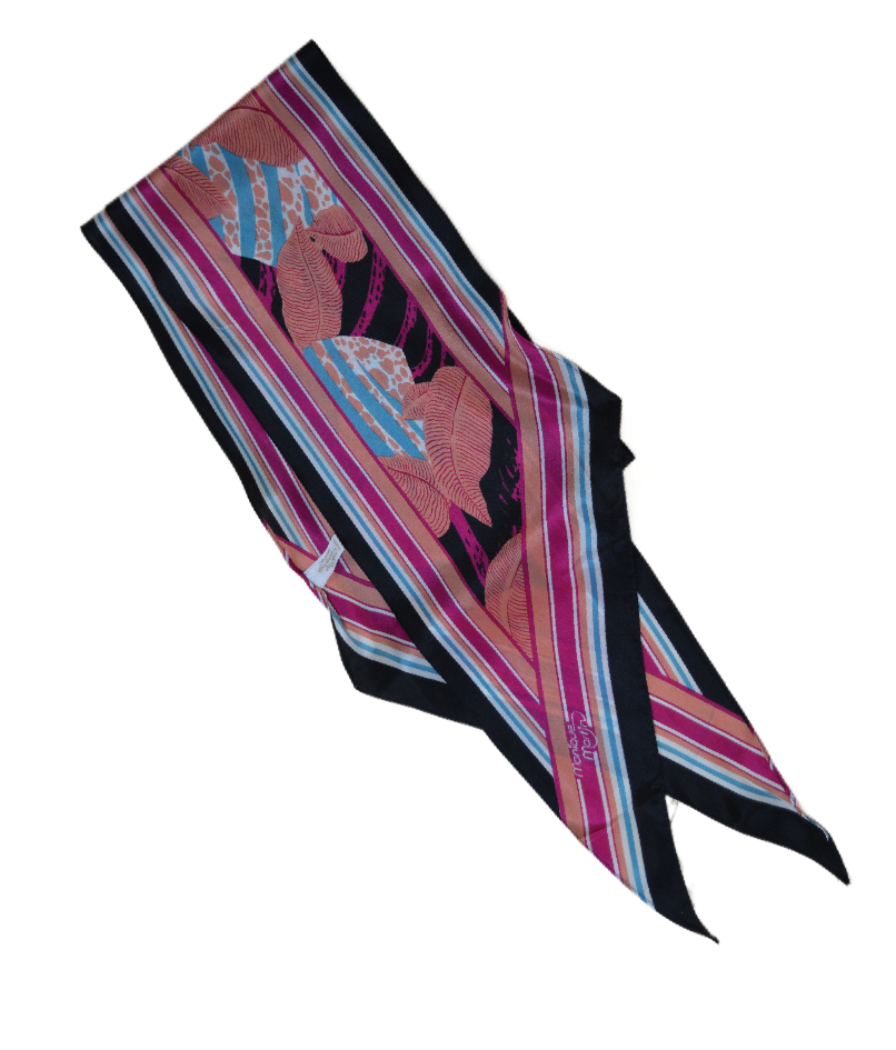 Vintage 1970s Monique Martin Pink, Blue, Black and Orange Silk Scarf