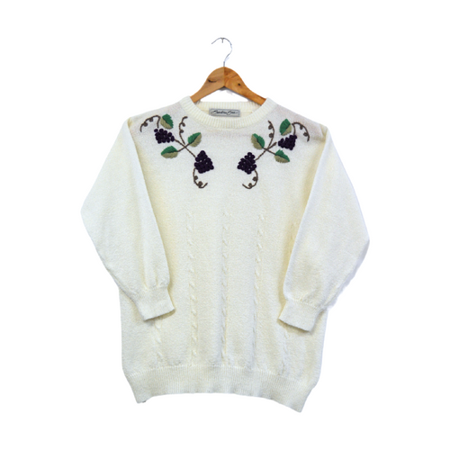 Vintage 1980s-1990s Barbra Sue Cream Cable Knit Sweater with Embroidered Grapes and Vines