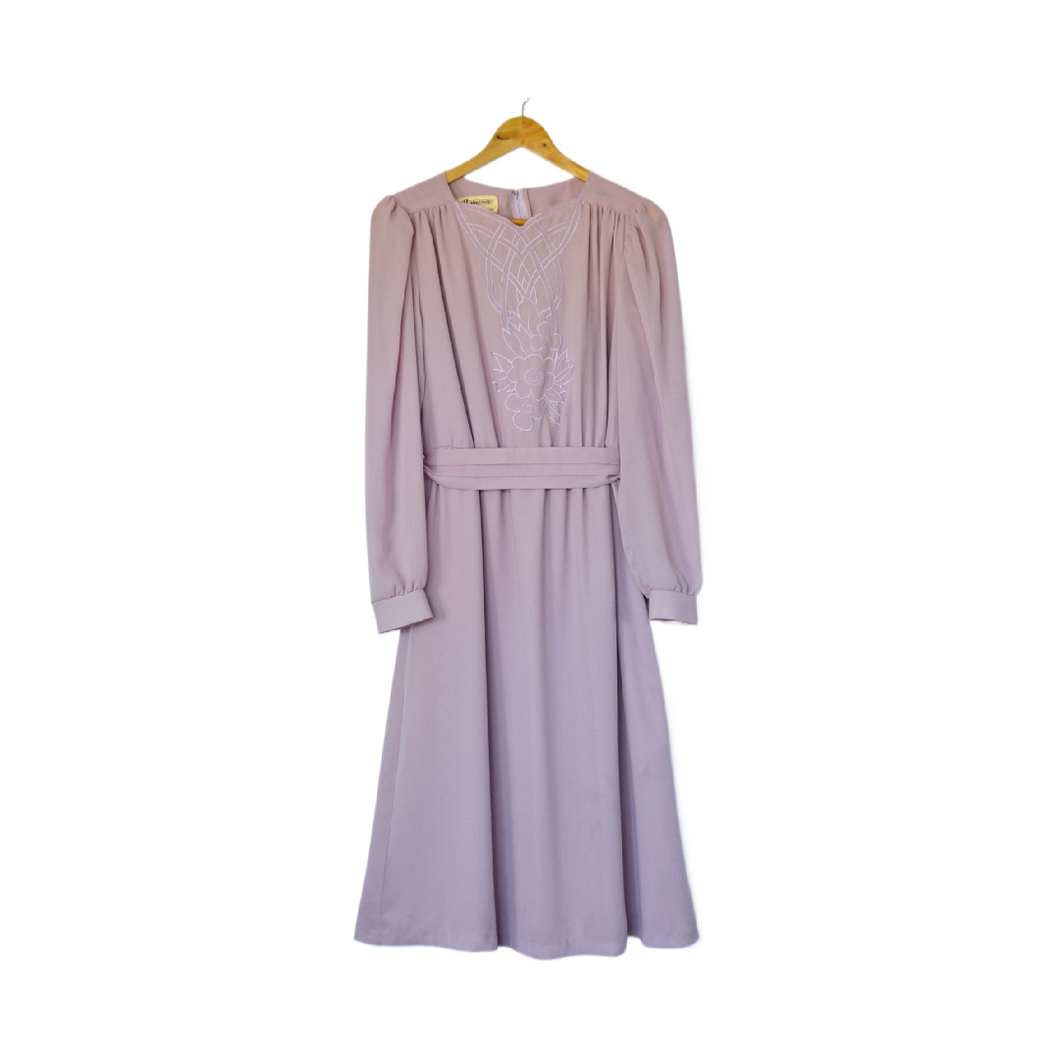 Vintage 1970s Lilac Embroidered Long Sleeve Maxi Dress