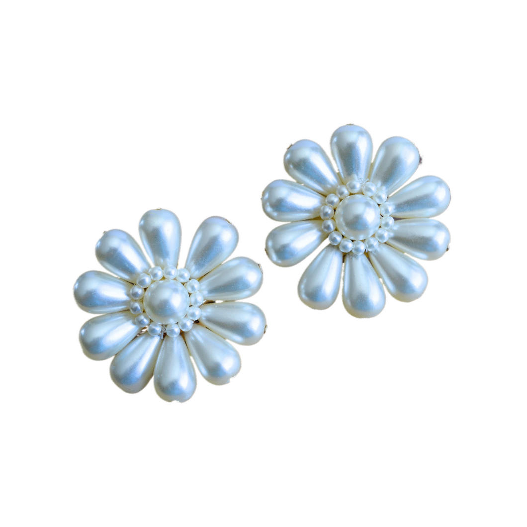 Vintage 1980s Pearl Flower Statement Stud Earrings