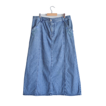 Load image into Gallery viewer, Denim Maxi Skirt with Floral Embroidery Detail | L
