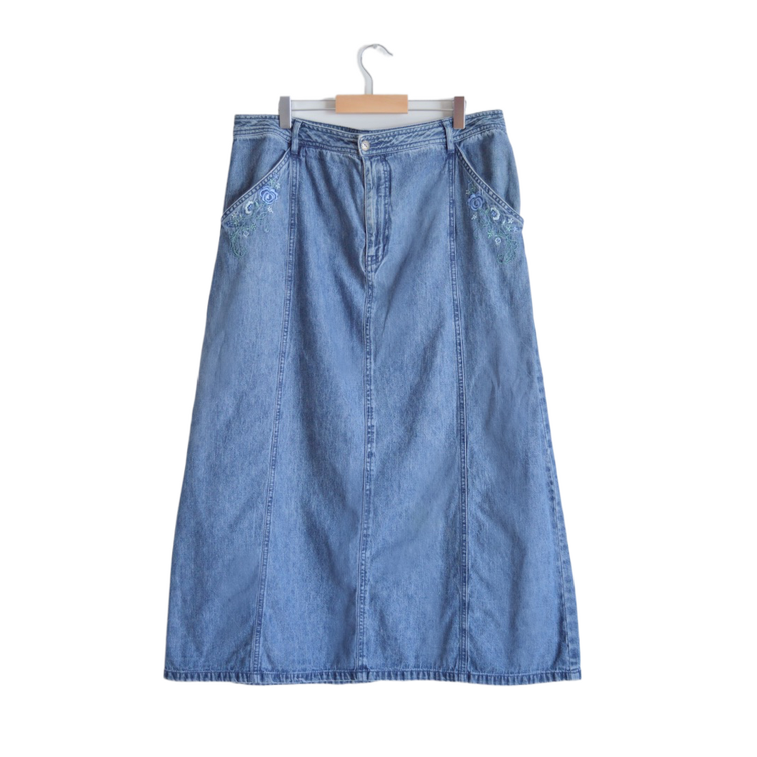 Denim Maxi Skirt with Floral Embroidery Detail | L