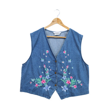 Load image into Gallery viewer, Vintage 1990s Blue and Pink Floral Embroidered Denim Vest
