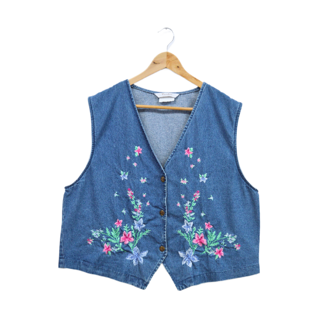 Vintage 1990s Blue and Pink Floral Embroidered Denim Vest