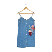 Load image into Gallery viewer, Upcycled Hand Embroidered Snake and Flowers Denim Dress Medium
