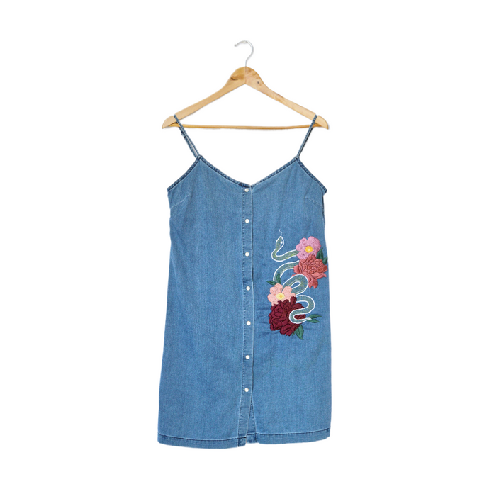 Upcycled Hand Embroidered Snake and Flowers Denim Dress Medium