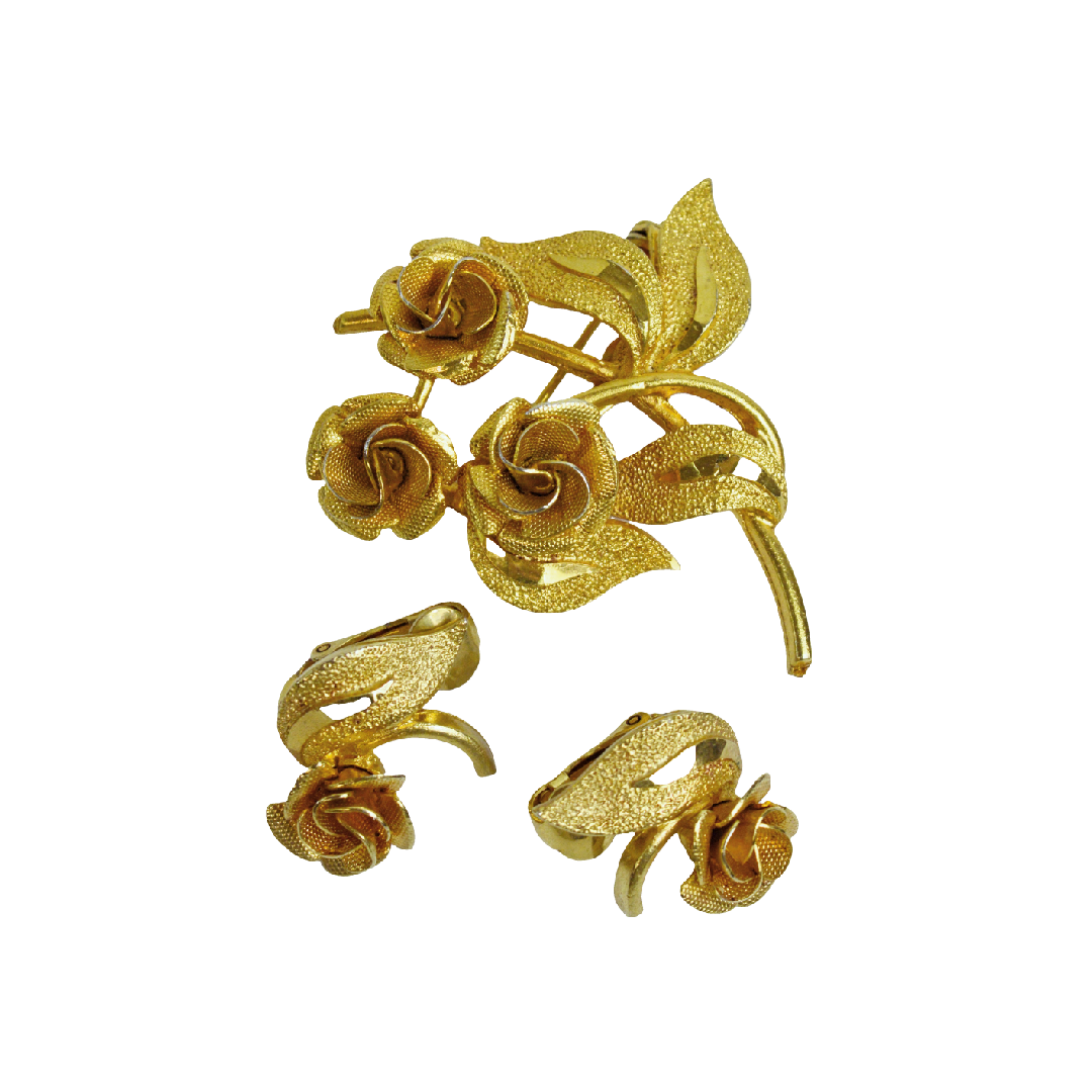 Vintage Signed Coro Goldtone Floral Brooch and Earring Set | 1980s