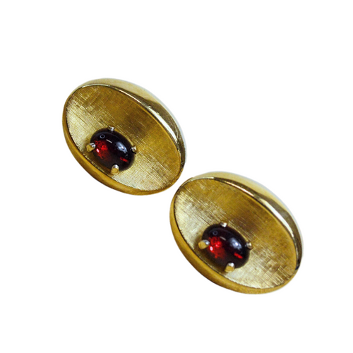 Vintage Krementz Gold Tone Oval Cuff Links with Ruby | 1950s